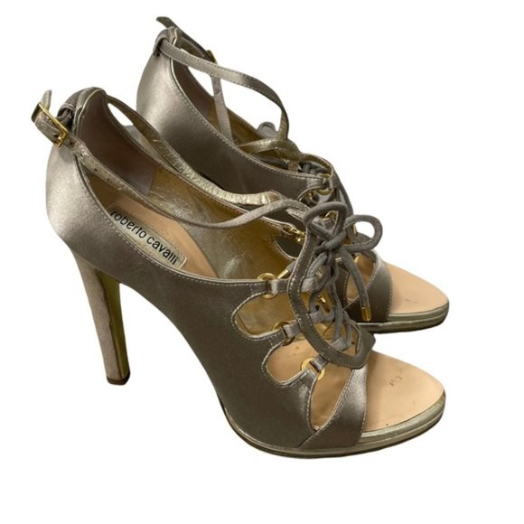 ROBERTO CAVALLI Women's Gold Satin Leather Strappy Lace Up Detail Heels Size37.5 - Picture 1 of 11